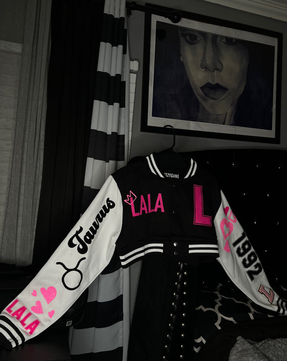 “All About Me Varsity Jacket” (Black Cropped) Adult Jacket
