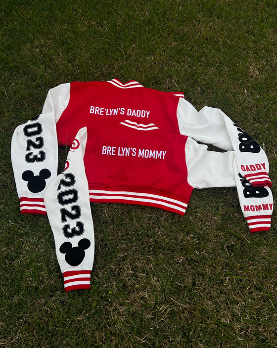 “All About Me Varsity Jacket” (Black Cropped) Adult Jacket