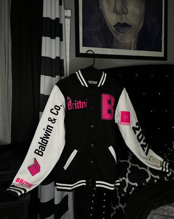 “All About Me Varsity Jacket” (Black Full ) Adult Jacket